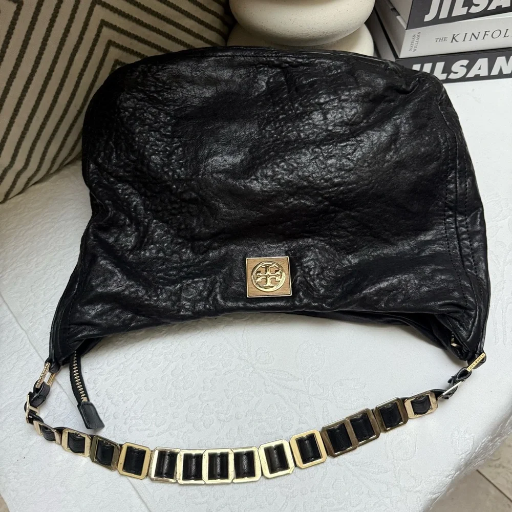 Tory Burch Black Leather Hobo with Gold Chain Detail